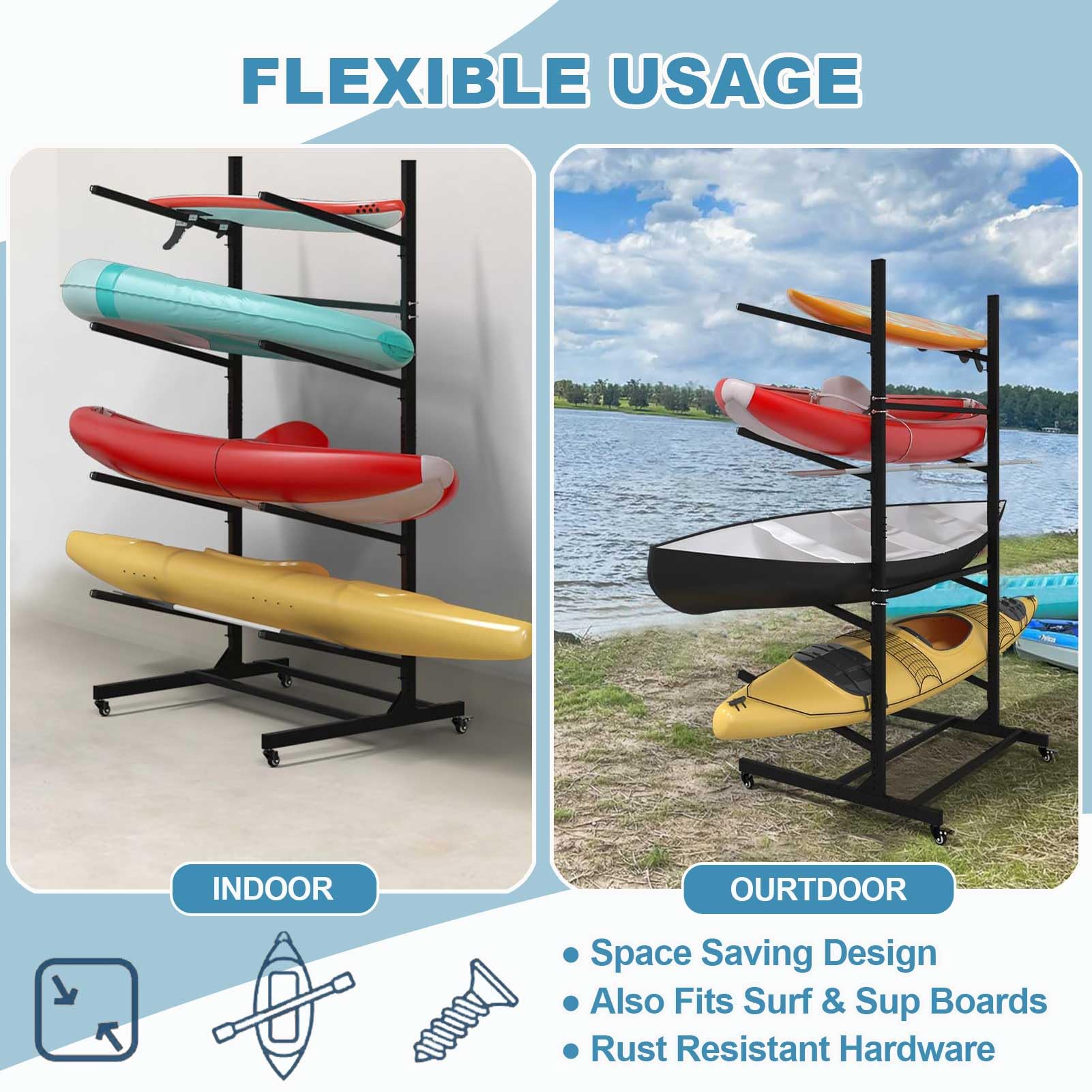 Kajak-Aufbewahrungsgestell mit Rädern, Hochbelastbarer, Verstellbarer, Freistehender SUP-Aufbewahrungsständer, Aufbewahrungsgestell für Kajaks, SUPs, Kanus und Paddleboards,4 Levels for 4 Kayaks