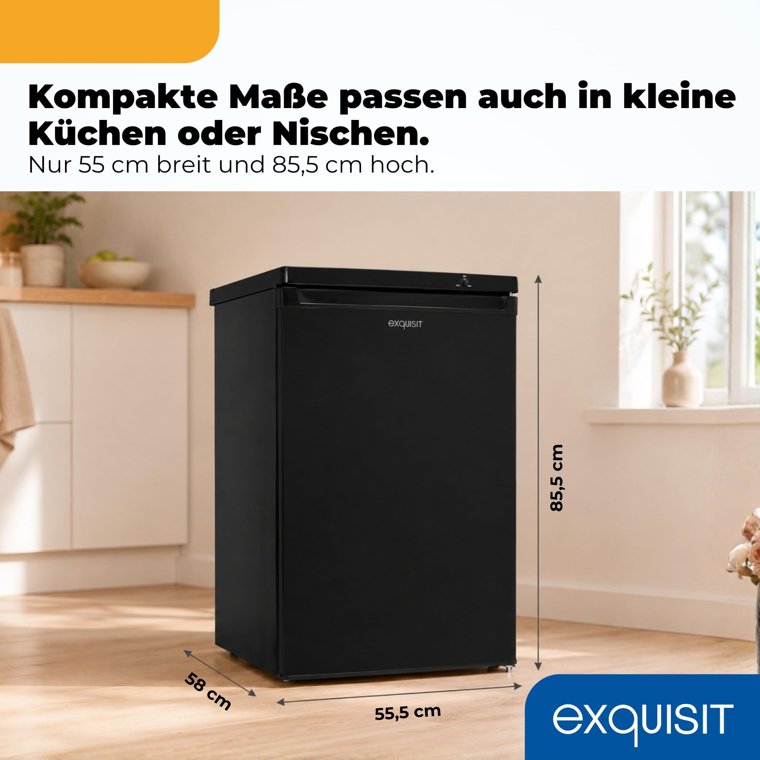 Exquisit GS512-040E, 91 litros de capacidad neta, clase energética E, 40 dB de sonido, compartimento de 4 estrellas, control manual de temperatura, bisagra de puerta intercambiable, 4 cajones, negro