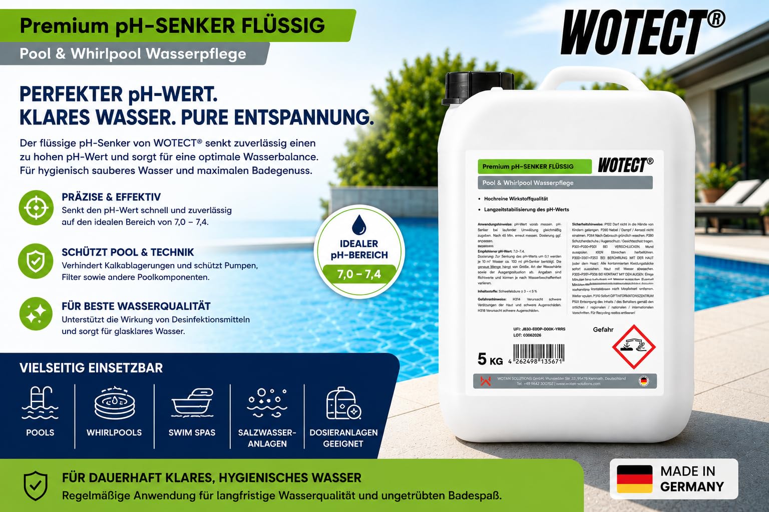 WOTECT® Premium pH-Senker Flüssig 20L – Professionelle Pool & Whirlpool Wasserpflege – pH-Minus Regulator für Schwimmbad & Dosieranlagen – Made in Germany