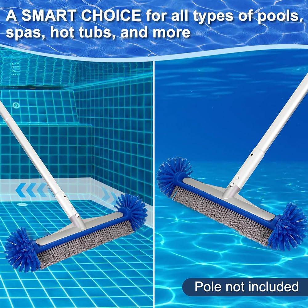 Poolbürste mit Runden Enden,43CM Pool Reinigungsbürste mit Längenverstellbarer Aluminiumstange und Erstärkter Metall Rückseite,Reinigungsbürste für Pool,Robuuste Borstel(Blau)
