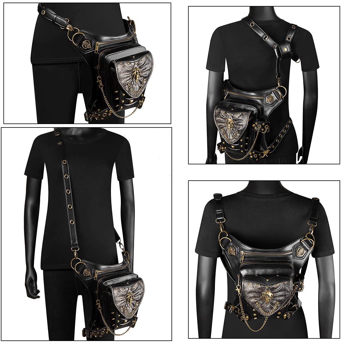 Steampunk nerka skórzana nerka torba na nogę motocykl ramię crossbody torebka biodrowa kabura pasek torebka podróżna wędrówki sport, Złoty, Jeden rozmiar