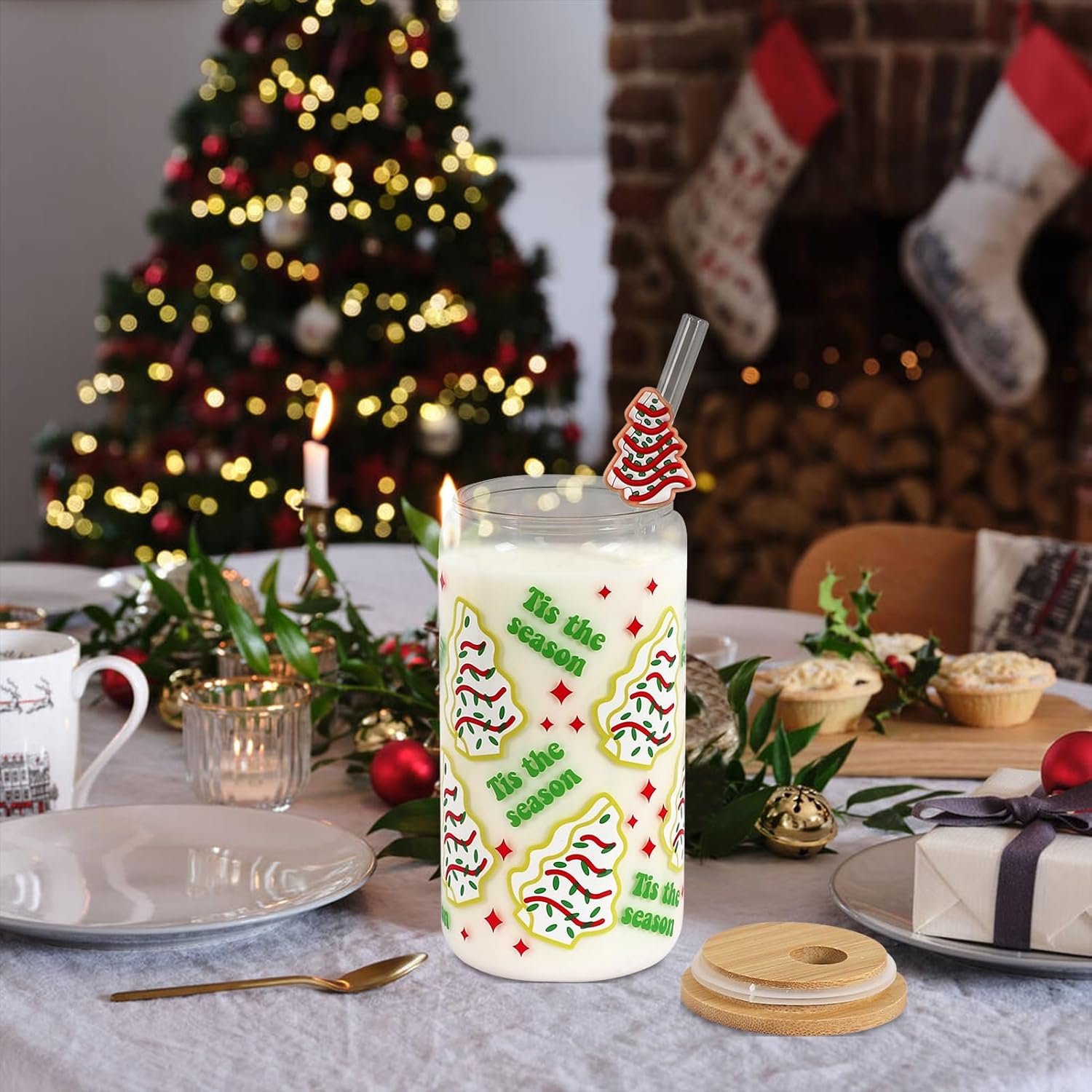 Christmas Gift Glass Cup, Christmas Iced Coffee Tumbler with Festive Holiday Tree Cakes Design, 18oz Reusable Beer Can Drinking Glass for Holiday Tea & Winter Beverages - Image 5
