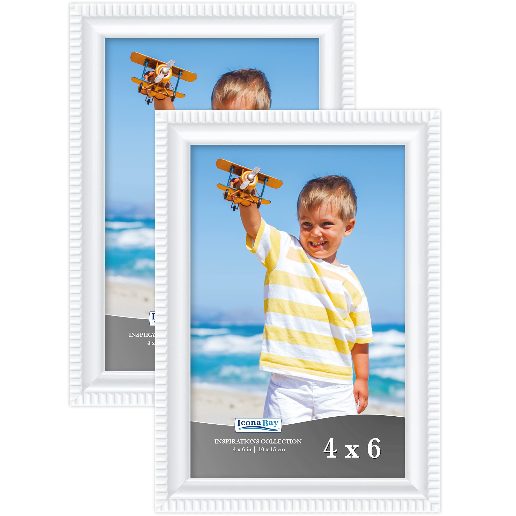Icona Bay 4x6 Picture Frames (White, 2 Pack), Beautifully Detailed Molding, Contemporary Picture Frame Set, Wall Mount or Table Top, Inspirations Collection