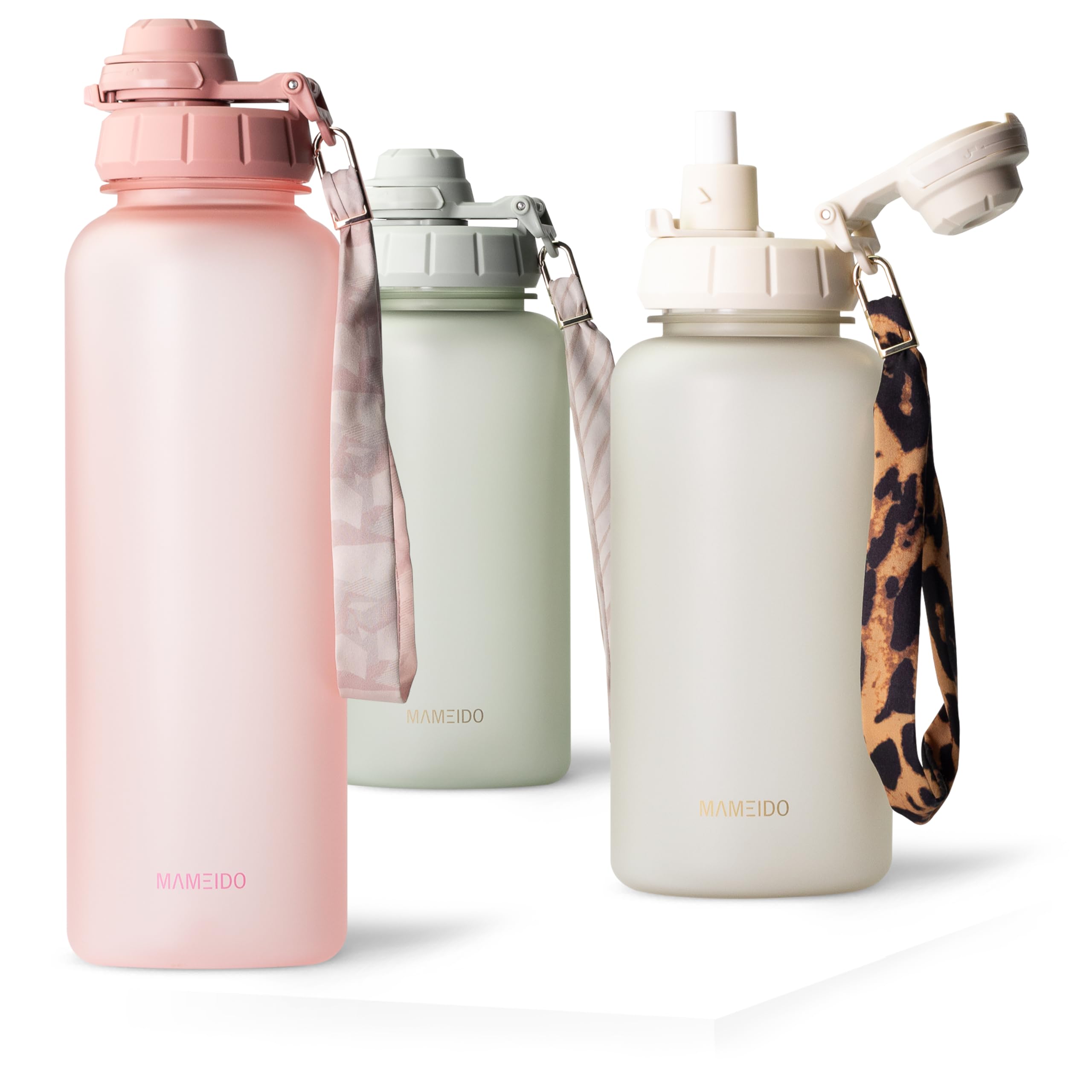 MAMEIDO Trinkflasche mit Strohhalm & Zeitmarkierung als Trinkerinnerung 1,5 l, Wasserflasche auslaufsicher, Sportflasche BPA-frei, Gym Water Bottle, Flasche aus Tritan (Flamingo Pink)