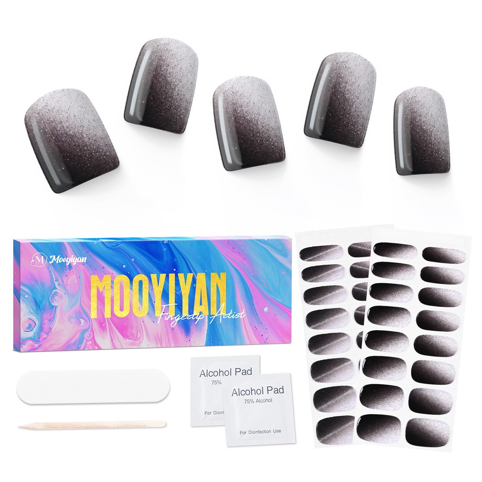 MOOYIYAN Semi Cured Gel Nail Stickers 32 PCS|Cat Eye/Frosted Gel Nail Strips|Compatible with Any UV/LED Lamps|Long-Lasting Real Nail Polish Strips for
