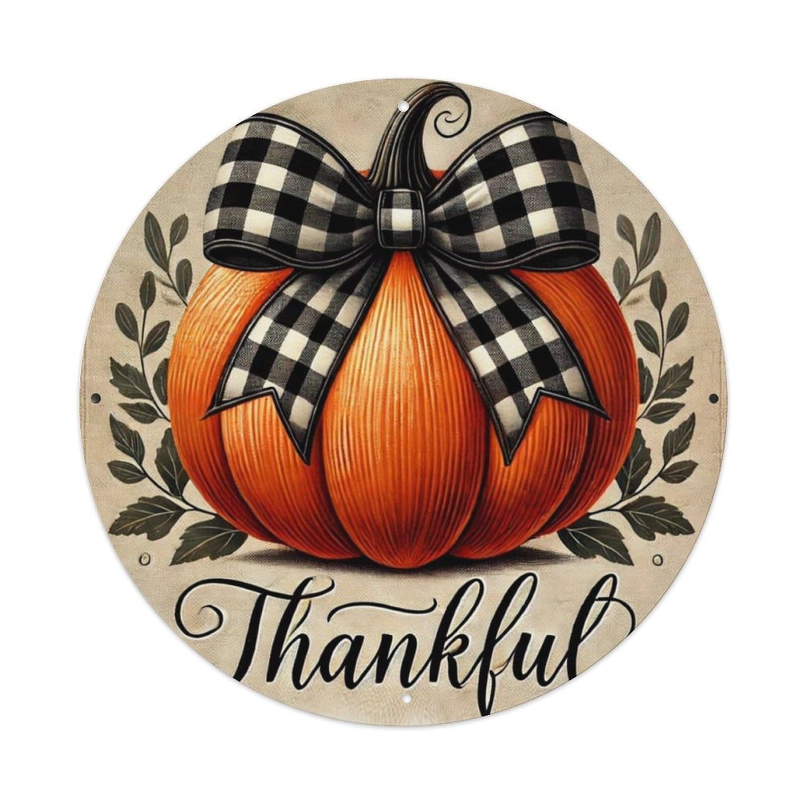 Pumpkin With Checkered Bow Design Tin Sign Metal Poster Vintage Metal Signs for Home Man Cave Bar Cafe Kitchen laundry room Wall Decorations 8x8 inches