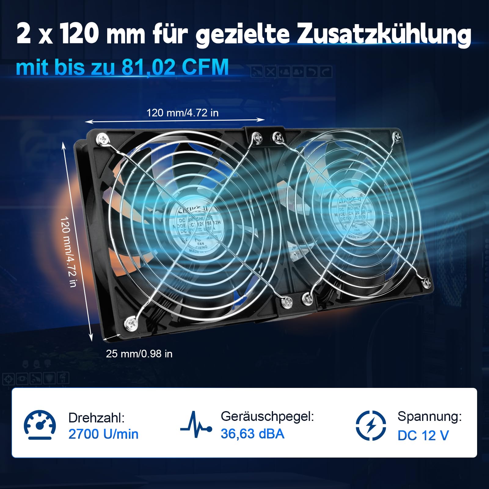 240 mm Doppelluefter, 2 x 120 mm 12 V Gehaeuseluefter Lüfter mit stufenlosem Drehzahlregler, Metall-Schutzgitter, fuer PC, Router, Netzteil
