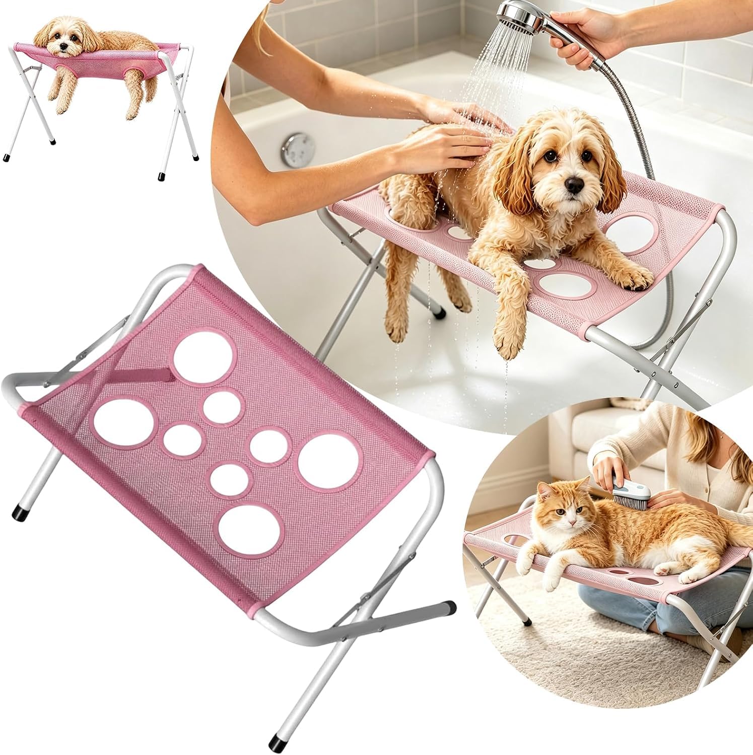 Dog Grooming Hammock Foldable Dog Bath Stand Grooming Table Shower Stand Foldable Pet Bath Portable Pet Shower Washing Station for Nail Clipping Blowing Drying Household Small Medium Dogs Cats Care