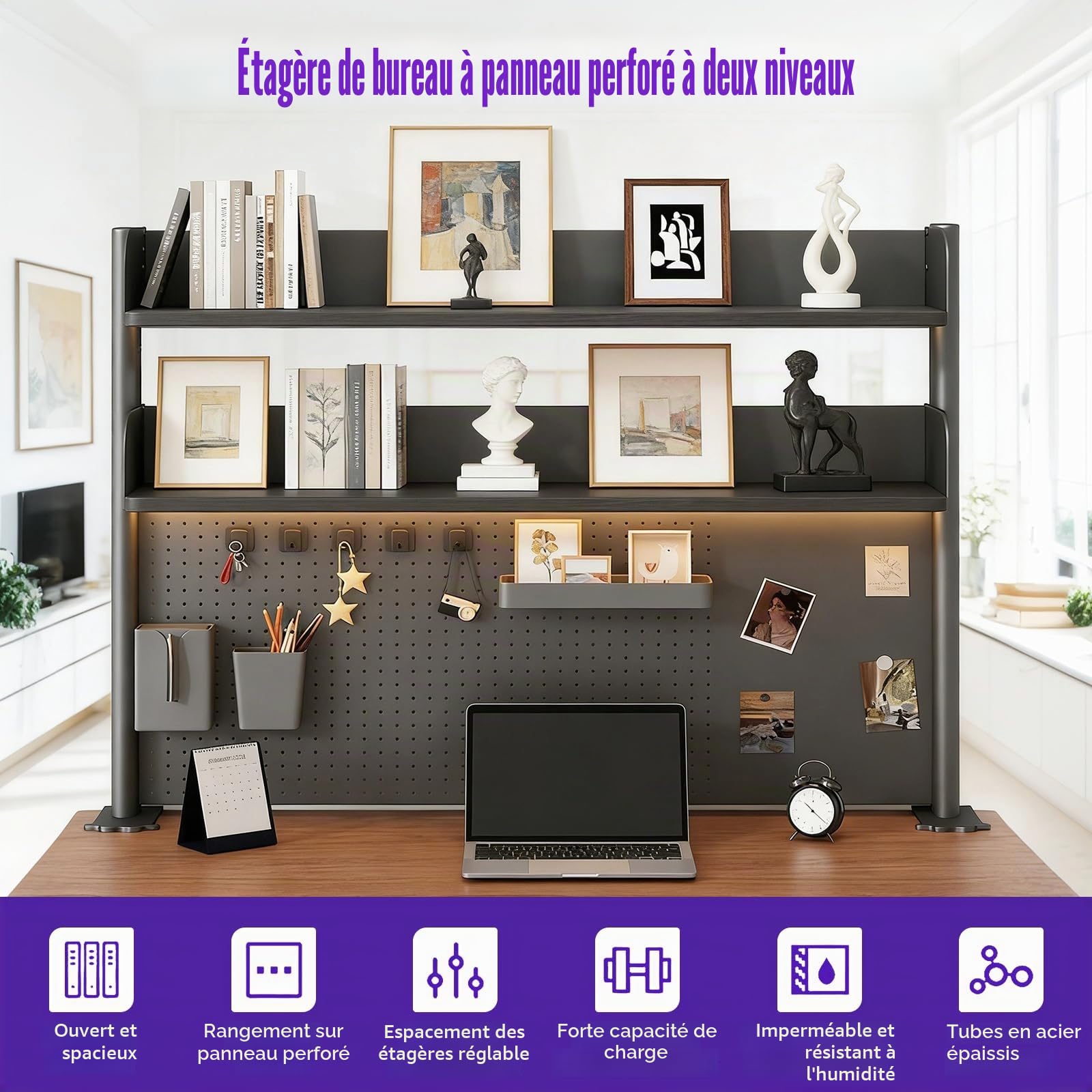 Étagère de bureau à deux niveaux avec panneau perforé, 80 cm