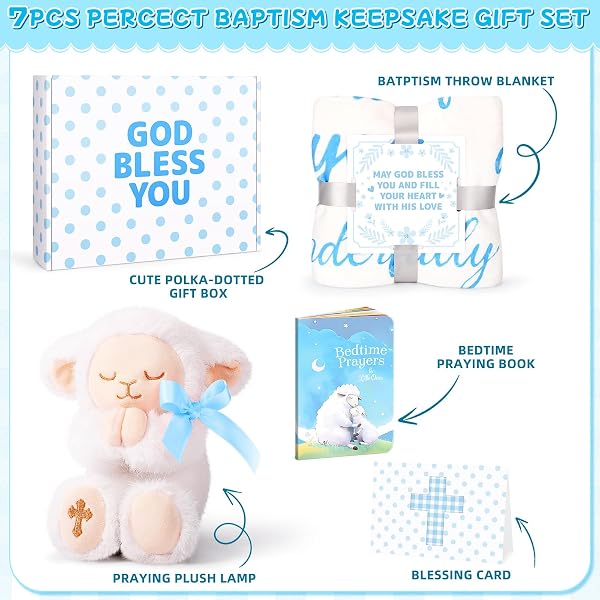 Baptism Gifts for Boys – Catholic Christening Gift Set for Baby Boys, Baptismal Gift with Plush Lamb, Bracelet & Pouch, Story Book, Baptism Blanket, Spiritual Dedication Present for Goddaughter Godson - 2