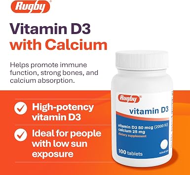 Rugby Vitamin D3 2000 IU (50 mcg) Tablets with Calcium 25 mg, 100 Count