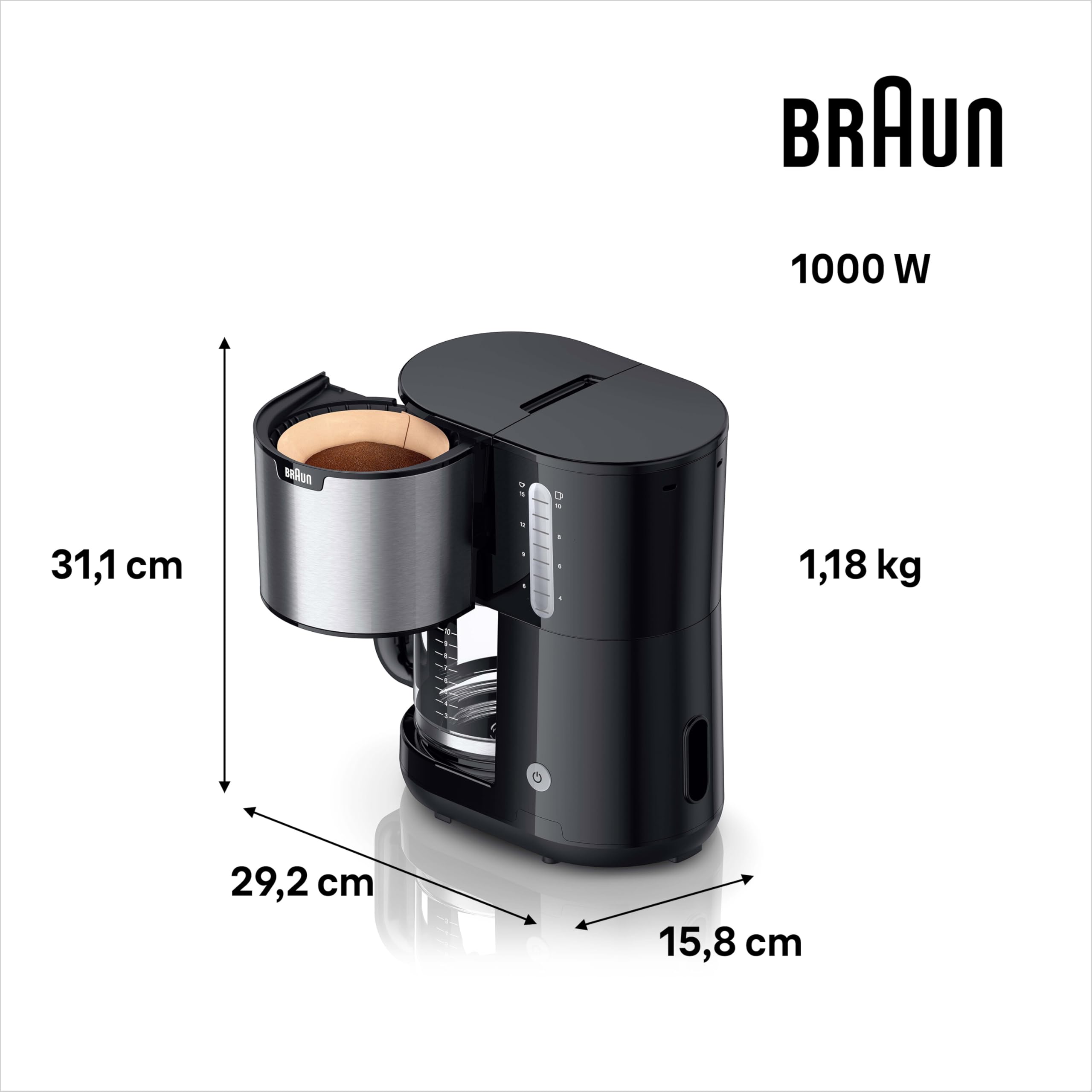 Braun PurShine KF 1500 BK Kaffeemaschine Filterkaffeemaschine 10 Tassen OptiBrew Automatische Abschaltung 1000 Watt Schwarz