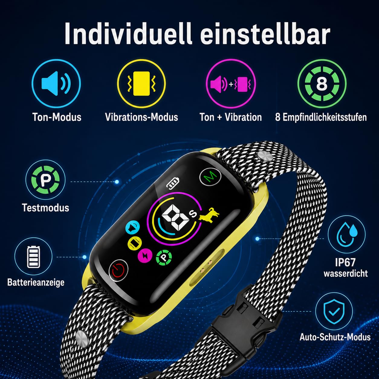 Antibellhalsband für Hunde mit Vibration & Ton, Automatisches Hundehalsband gegen Bellen, Farbdisplay, IP67, Magnetladung, Verstellbares Nylonband