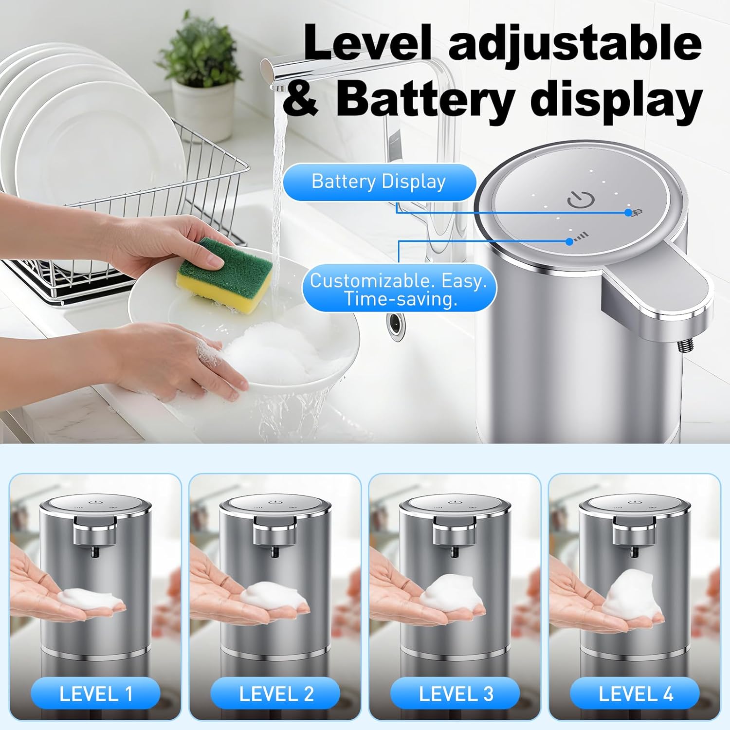 Automatic Foaming Touchless Soap Dispenser, Rechargeable 1500mAh with Sensor for Bathroom Kitchen 13.5oz/380ml Silver