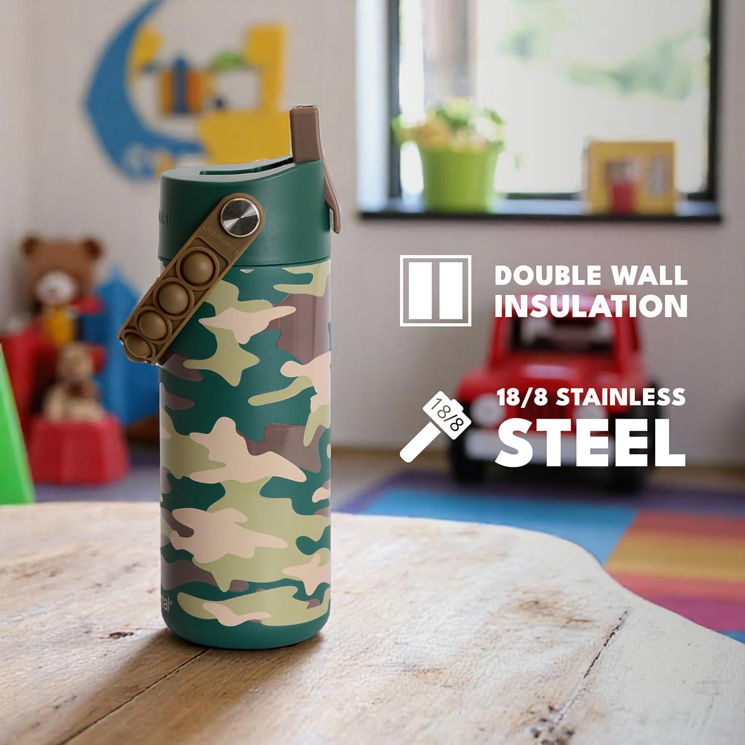 Elemental Insulated Kids Water Bottle, Stainless Steel Water Bottle with Straw Lid & Pop-It Handle, Leak-Proof Water Bottles for School, Boys or Girls, Travelling and Sports, 18oz - Green Camo - Image 7
