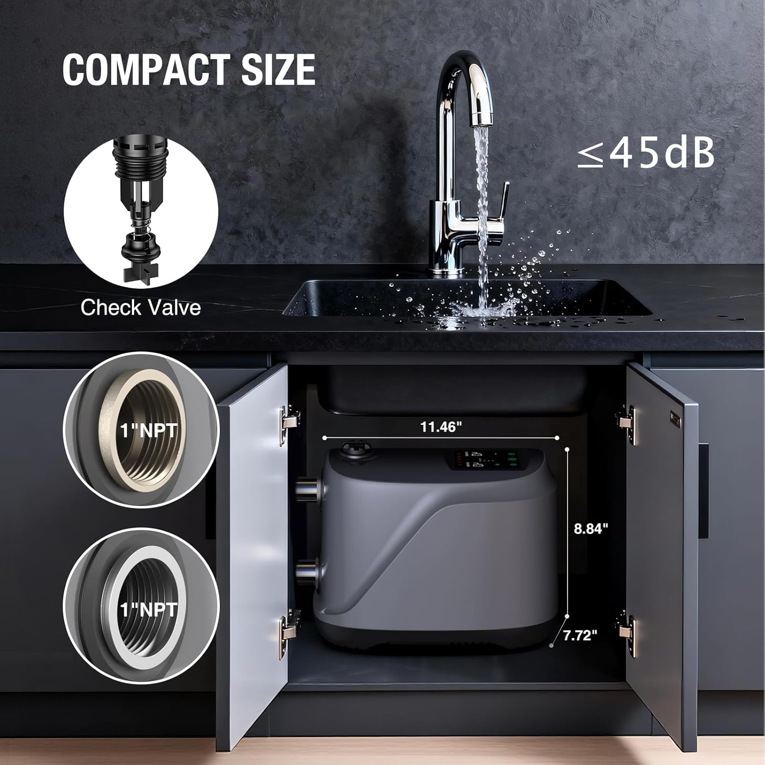 CrestWave pump installed under a sink, showing its compact size and 1 inch NPT connections.