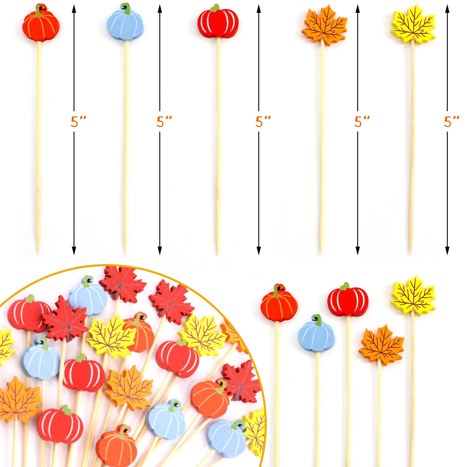 Worldbazaar Fall Cocktail Picks 120 Pcs Thanksgiving Toothpicks for Appetizers Pumpkin Maple Leaves Fruit Food Sticks Harvest Turkey Party Decorations