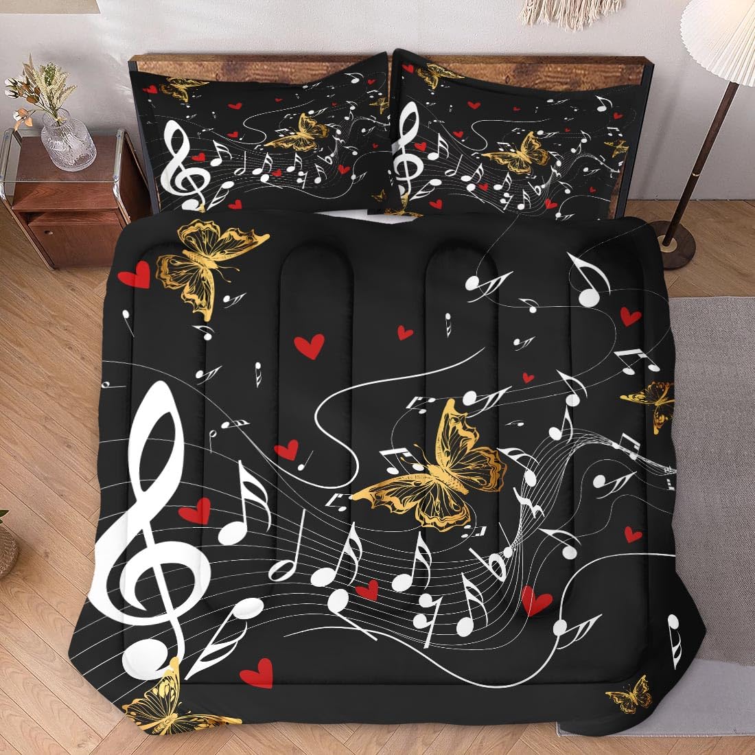 WeCozy Full Size Comforter Set with 2 Pillowcases, Music Butterfly Musical 3 Pcs Bedding for Kids and Adults, Song Black Tone Soft Comforter Set for Bedroom Bed Decor