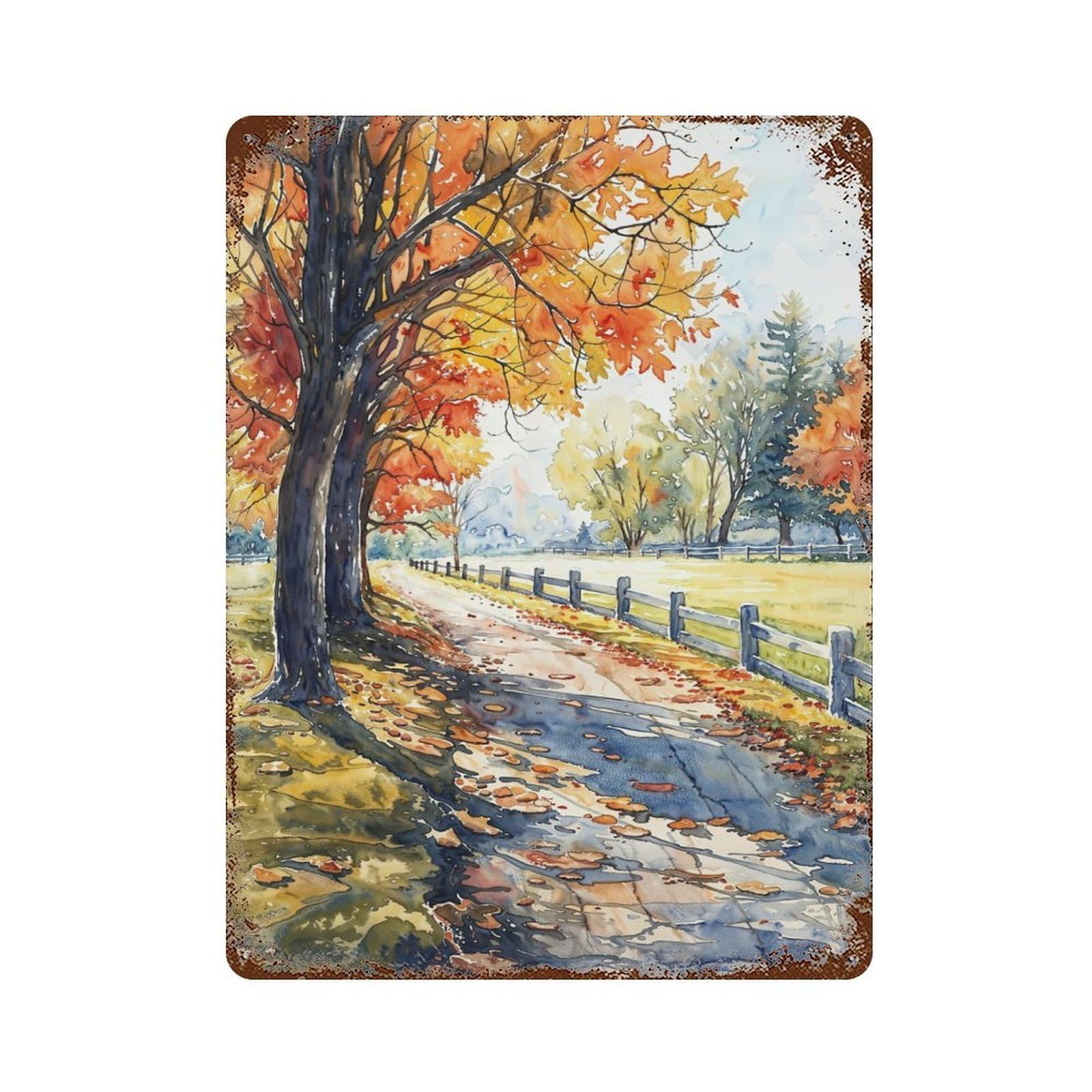 Autumnal Path Rusty Metal Tin Sign 15.7"x11.8", for Basement, Hobby Room And Garage Decor, Retro Wall Decor