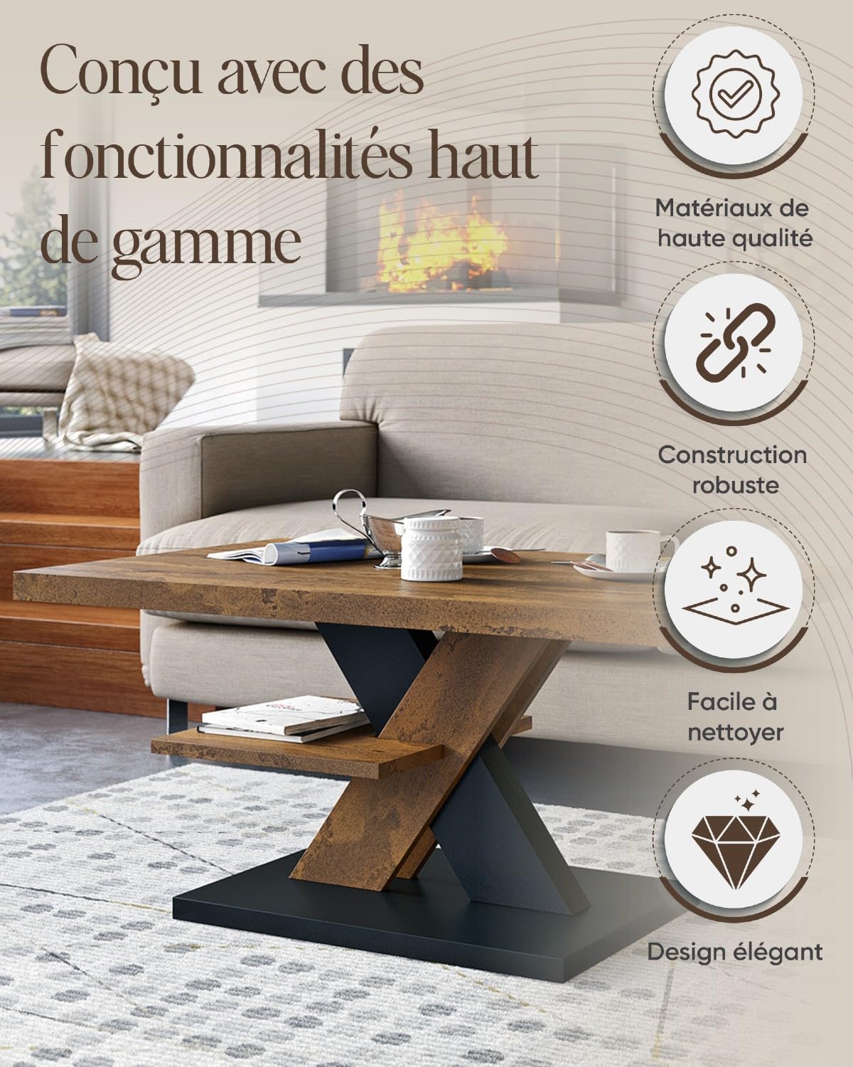 Viosimc Table Basse de Salon Rouille et Noir avec Étagère – Table Centrale Moderne et Élégante pour Le Thé ou Le Café, Design Épuré – Un Choix Parfait pour Votre Salon | Coffee Table for Living Room
