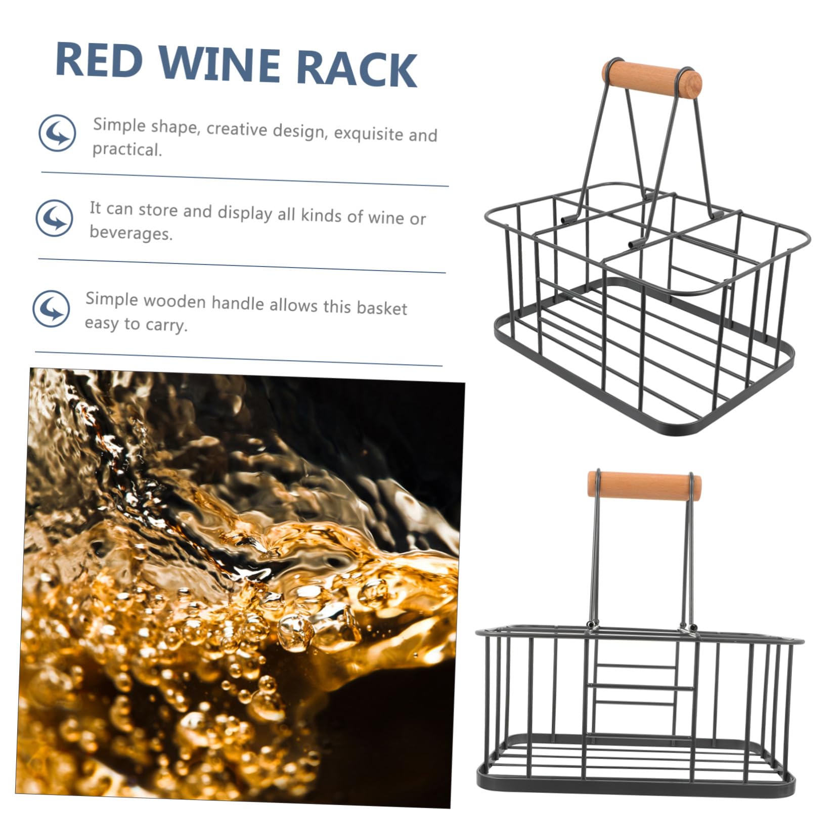 Panier à bouteilles en métal pour 6 bouteilles avec poignée en bois massif, porte-boissons pour boîtes de lait, bouteilles de vin, bouteilles d'eau, rangement pour restaurant, bar, cuisine