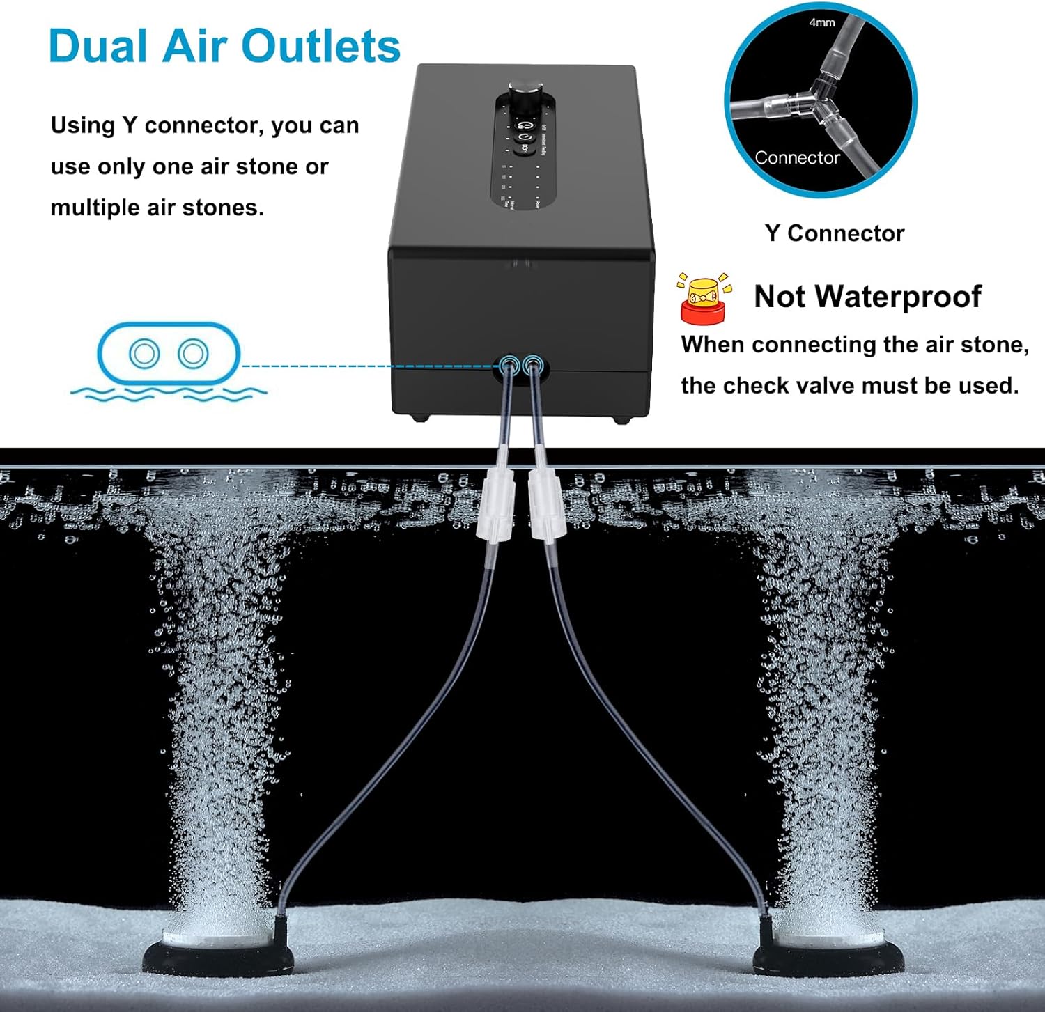 Carefree Fish 6W AC/DC USB Aquarium Lithium Battery Air Pump Dual Air Outlets Power Outage Automatic Startup Function Work for 15~96 Hours with 2 Air Stones and 15Ft Silicone Tubing