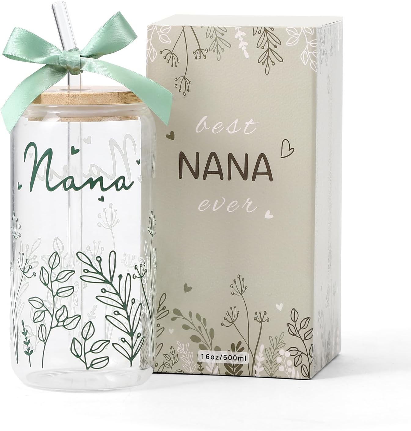 KMCCUMBER Gifts for Nana-Bow Glass Cup Nana Gift Cute Iced Coffee Cup with Lids and Straws for Grandma Birthday Gifts Mother day Grandmother Presents Stuff from Granddaughter Grandson Grandkids 16OZ
