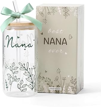 Gifts for Nana Grandma Gift Cute Bow Glass Cup with Lid and Straw