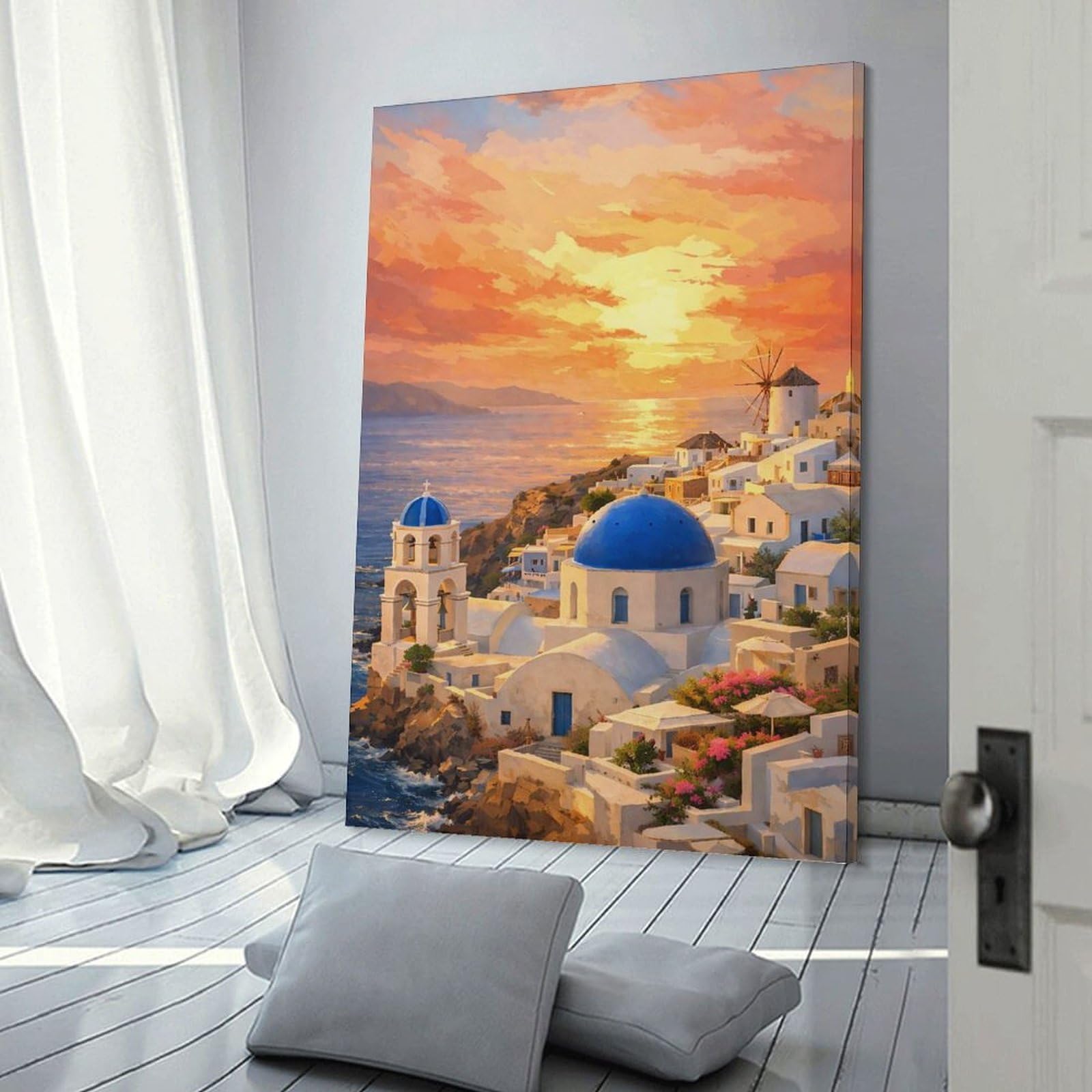 Junmoney Santorini Sunset Village Painting Hanging Wall Art, 24x36inch(60x90cm), for New Homes, Bedrooms Or Workspaces, Thoughtful Wall Decor for Art Lovers