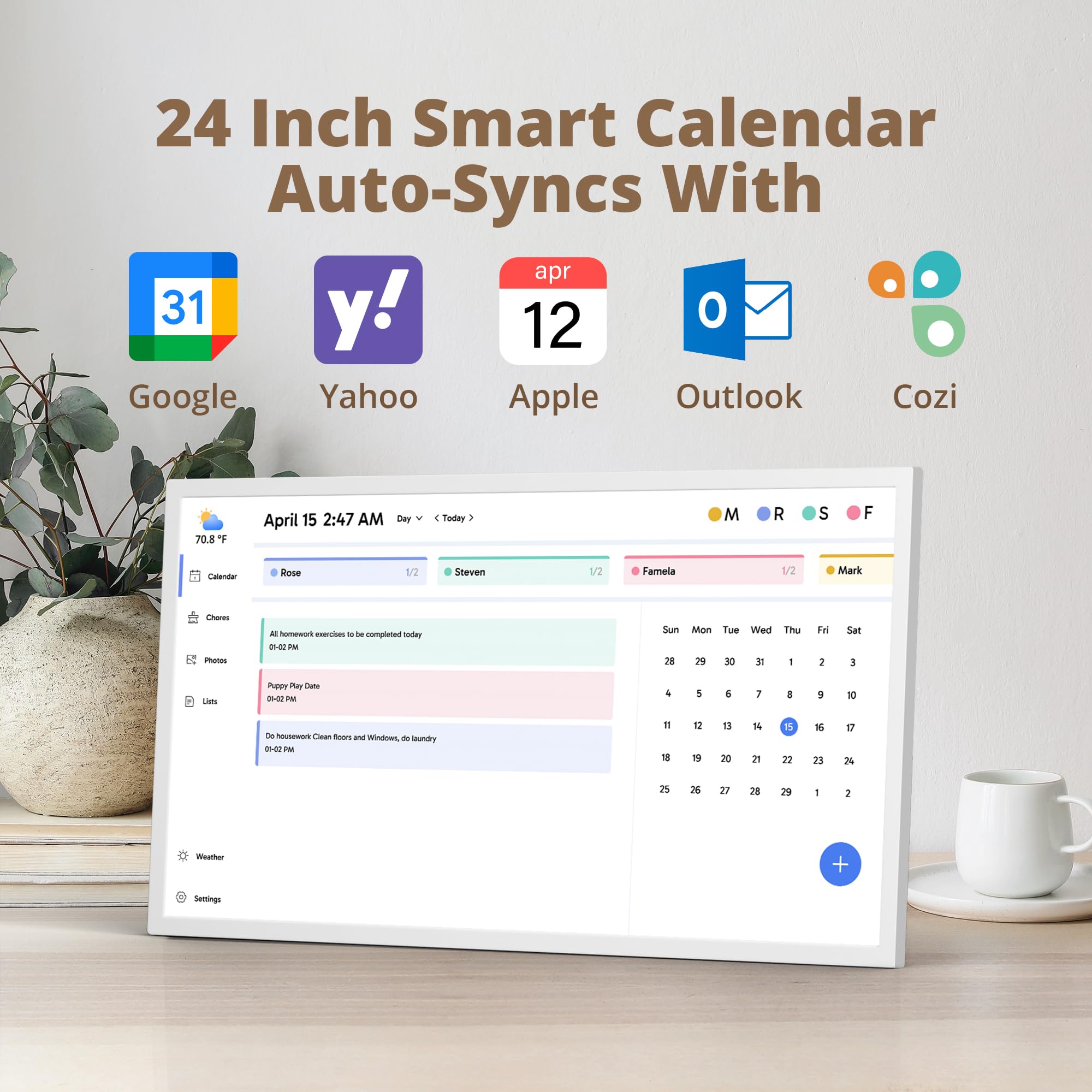 Dragon Touch Calendario, calendario digitale 2025 da 24 pollici, planner da parete per la famiglia, touchscreen interattivo Full HD 1080p, grafico intelligente delle faccende e organizzazione