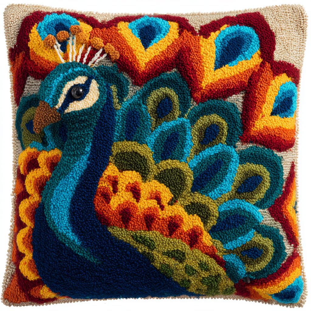 Henypt Latch Hook Kits-D Latch Hook Pillow Case Embroidery Kits, Animal Peacock Diy Needlework Latch Hook Cushion Cover Kits For Beginners,Sofa Cushion Cover,17X17inch