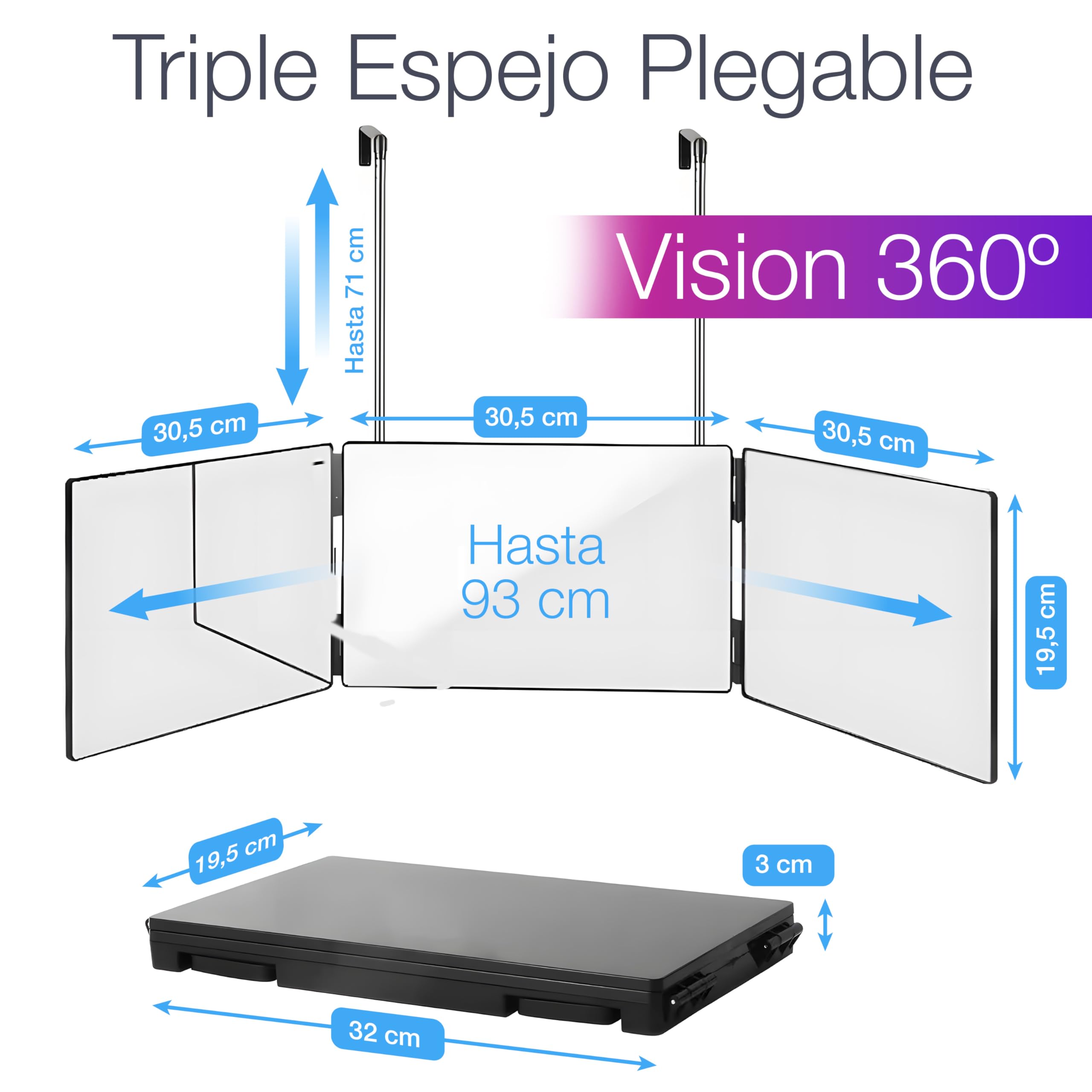 ESPEJO 360 Triple Plegable. Vista frontal, lateral, trasera. Ideal para cortarse el pelo solo, maquillar, afeitar. Portátil, sin instalación. Ganchos telescópicos. Uso personal o profesional (1)