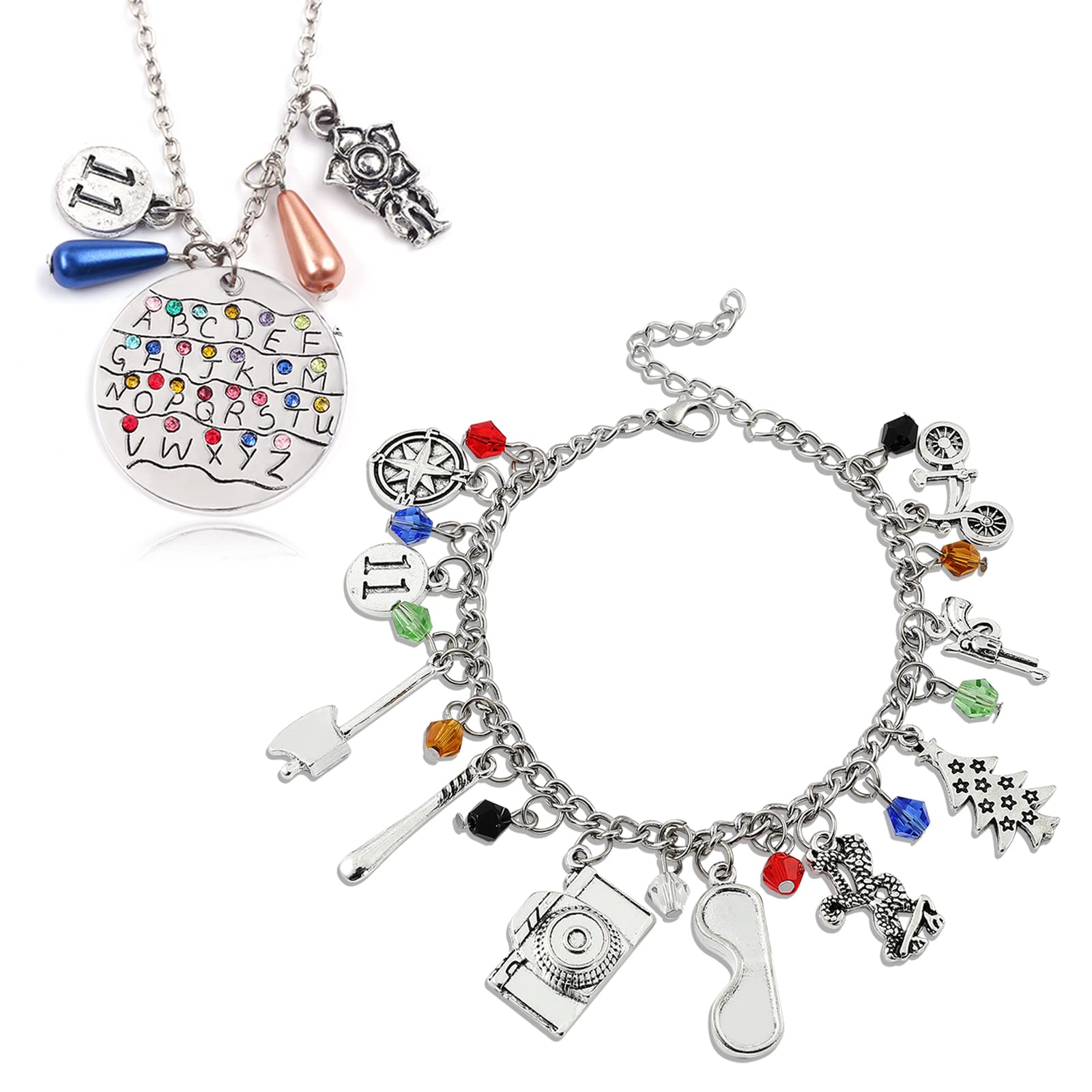 ZHUOXING 2PC Stranger Things Charm Bracelet Necklace and keychain Set Best Things for Kids Girls Teens Women Men for Collection Halloween Cosplay Gifts