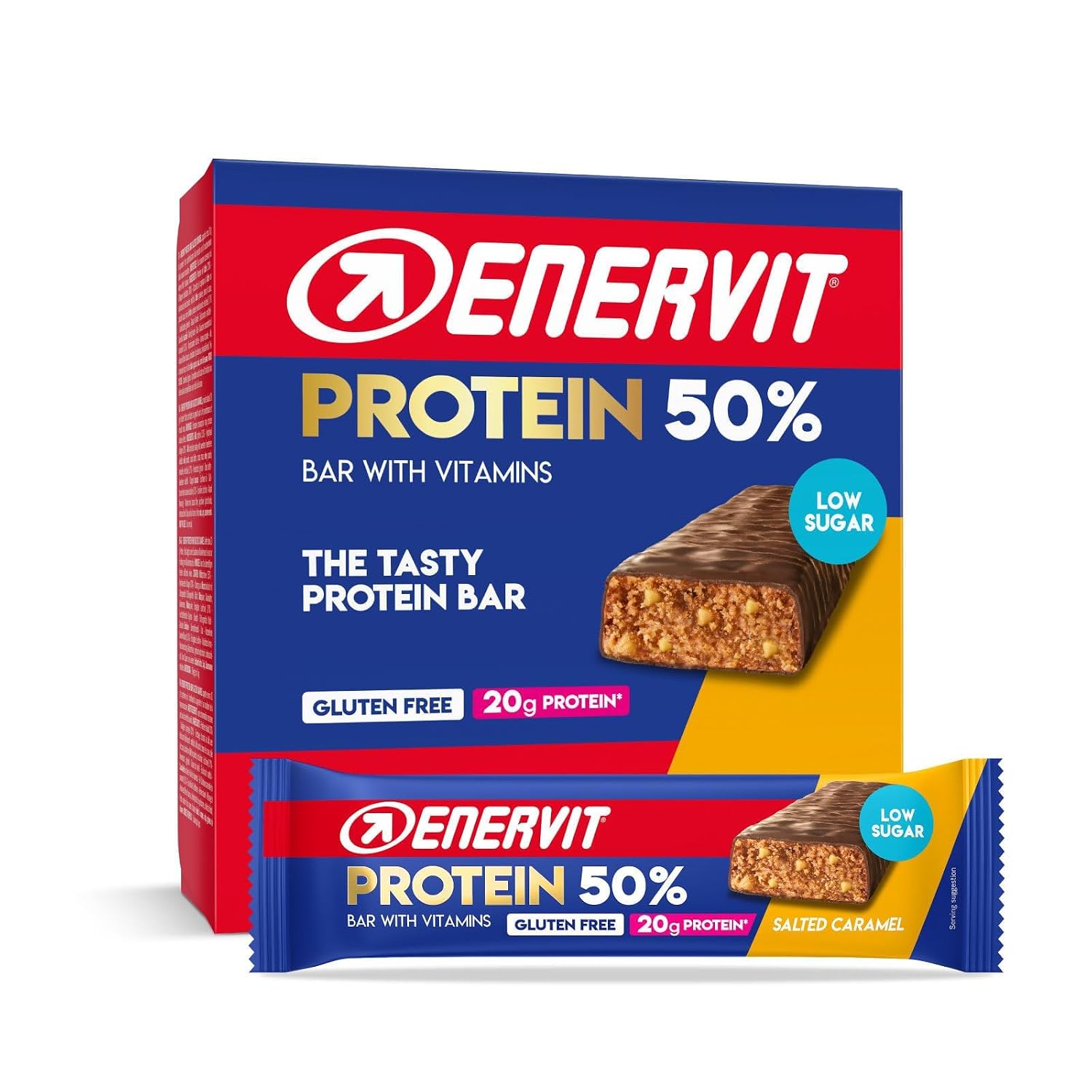 Enervit Protein Bar 50% Salted Caramel - Protein Bar with 20 g Protein Vitamin D and B6 Low Sugar Salted Caramel Flavour for Regeneration After Sports Gluten Free 12 Bars of 40 g
