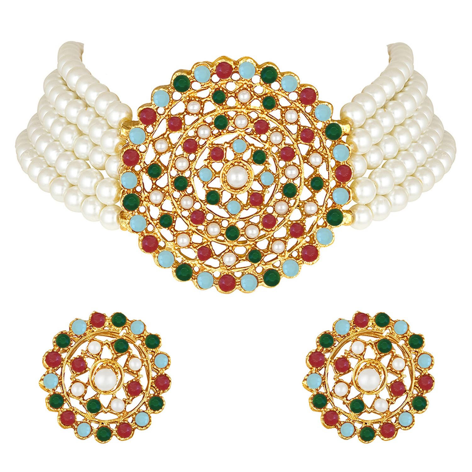 Peora Gold Plated Pearl Diamond Kundan Choker Necklace with Round Earrings Traditional Jewellery Set (White-Multi) For Womens (B0999LY7MB) Amazon Price History, Amazon Price Tracker