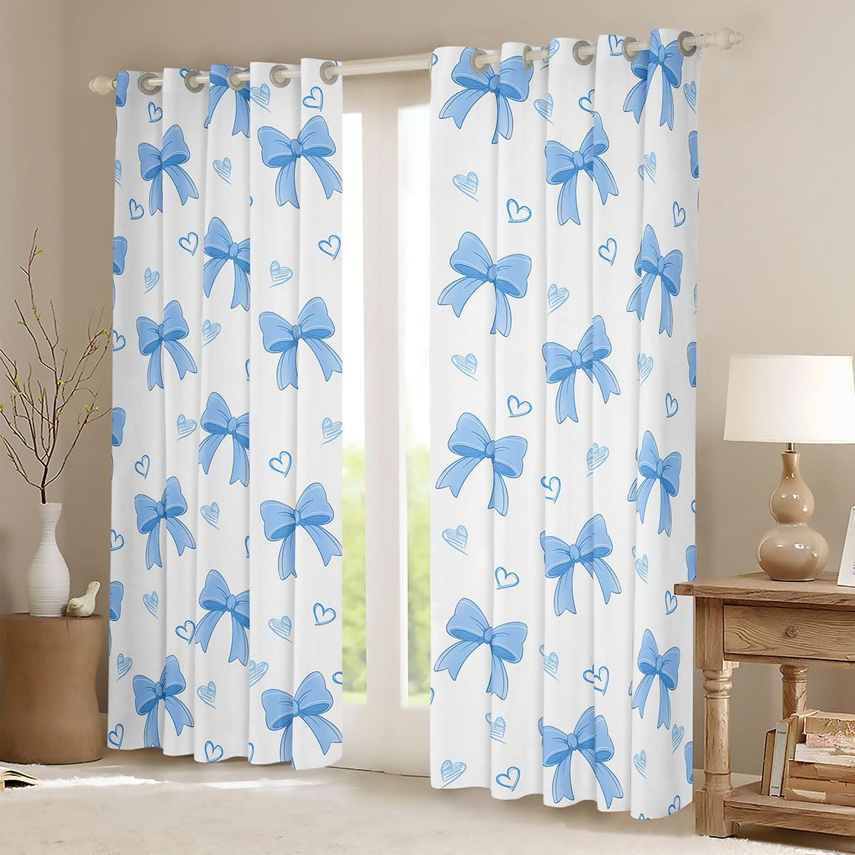 Homewish Księżniczka dziewczęca kokarda, estetyczne zasłony okienne, 168 x 229 cm, 2 zestawy paneli – marzycielska urocza wstążka kokarda zasłony zaciemniające niebieskie kokietki zasłony okienne