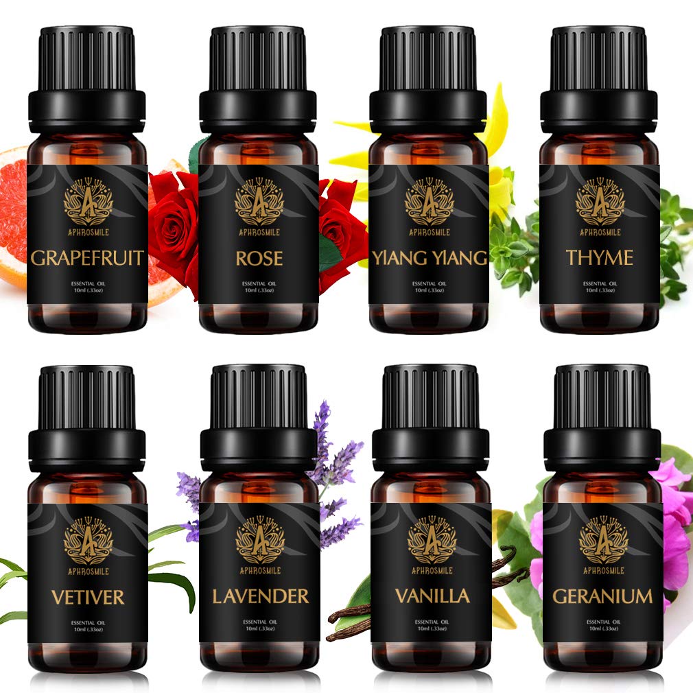 100% reines Rose ätherisches Öl Set für Diffusor, Aromatherapie Lavendel ätherisches Öl Kit für Hause, 8x10ml 100% reines Vanille, Vetiver, Ylang Ylang, Grapefruit, Geranium, Thymian Öle für Massage