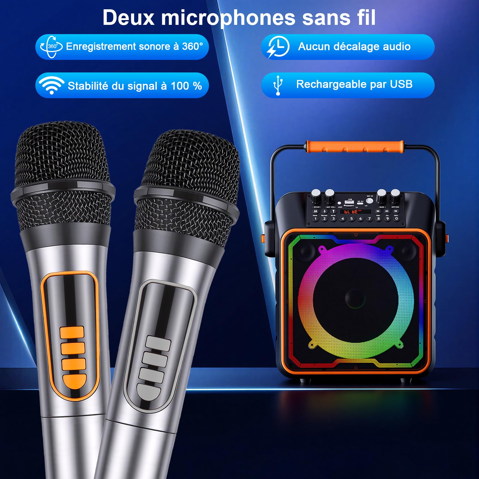 Eenceinte Karaoke avec 2 Micro sans Fil pour Adulte et Enfant Machine de Karaoké Bluetooth Portable Système Karaoké Support TWS/AUX/FM/USB/TF Carte