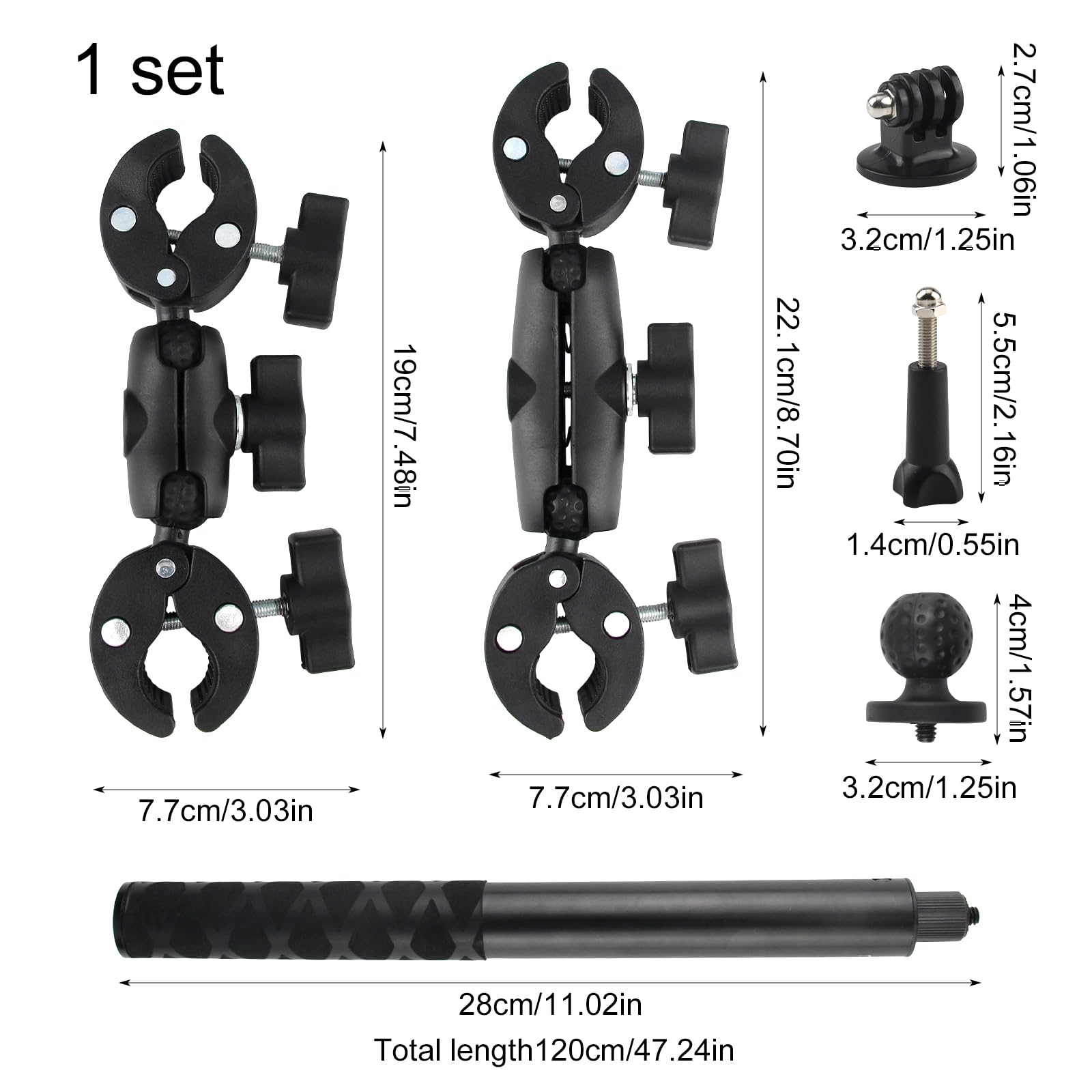 Soporte de Cámara Accesorio para Insta360 x5x4X3X2 Kit de Moto para Rotación de 360 Grados Doble Abrazadera Doble Estabilidad Soporte de Moto（120 cm con Palo Selfie）