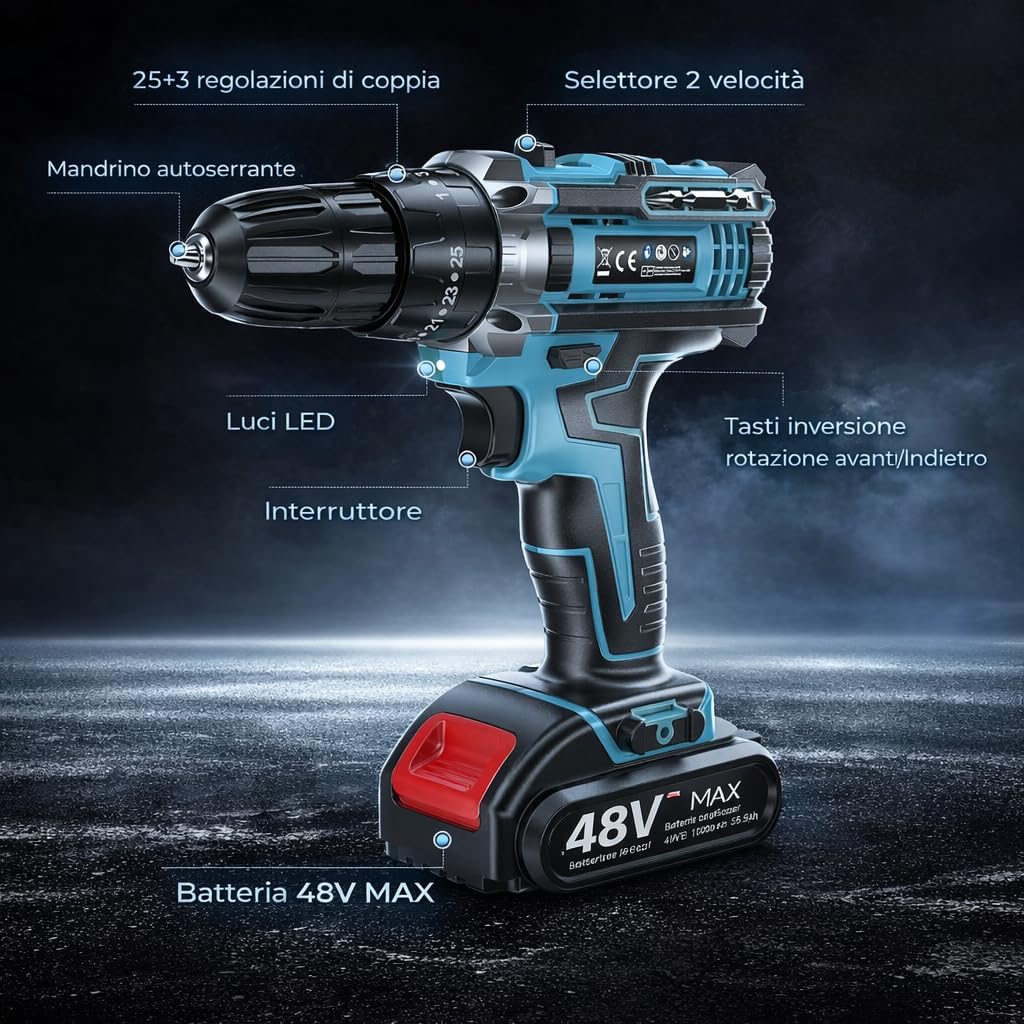 Trapano Avvitatore a Batteria 48V MAX Professionale, 2 Velocità 0-2350 RPM, 25+3 Coppie, Mandrino Autoserrante, Luce LED, Kit Completo con Valigetta e Accessori
