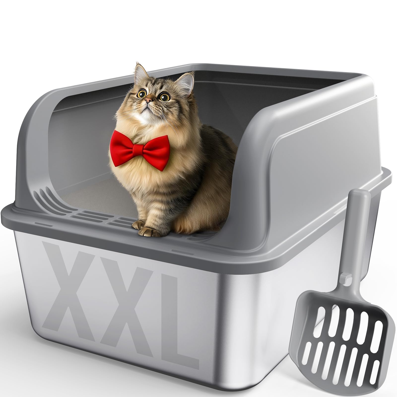 Stainless Steel Cat Litter Box, Metal Litter Box with Scoop, High- Sided, Anti-Leakage Top Entry, Non-Sticky, Easy to Clean, 8-Inch Splash-Proof Deep Pan, Grey, XXL (1 Pack)