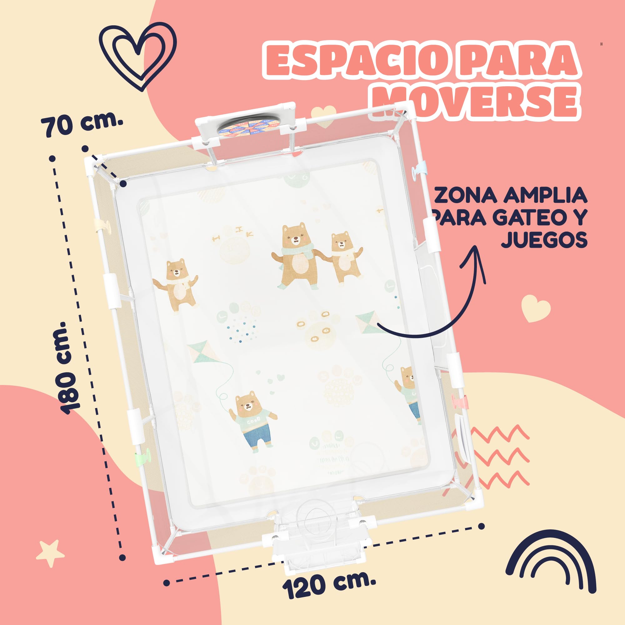 Parque Infantil Bebe 120x180cm - Corralito Bebe Acolchado - Equipado con alfombra musical, Diana de Velcro, Canasta, Portería y más accesorios - Parque para Bebes Seguro - Ver video para el montaje
