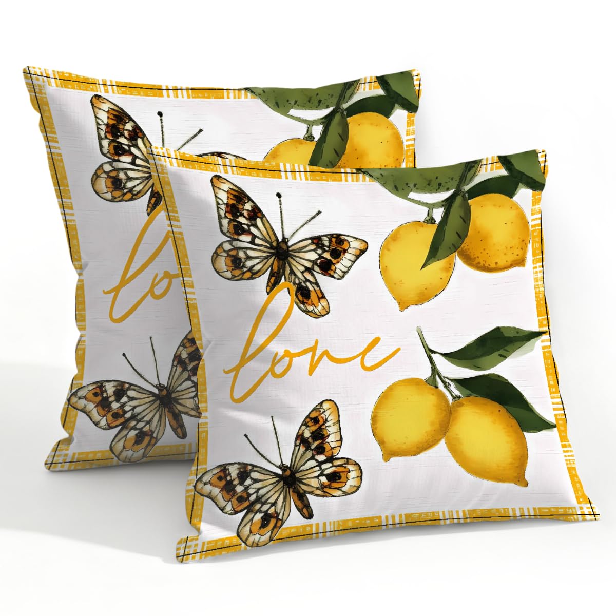 Outdoor Pillow Covers Waterproof Pillowcases 22x22in Set of 2 Yellow Lemons Butterfly Decorative Throw Cushion Case for Couch Sofa Garden Patio Furniture