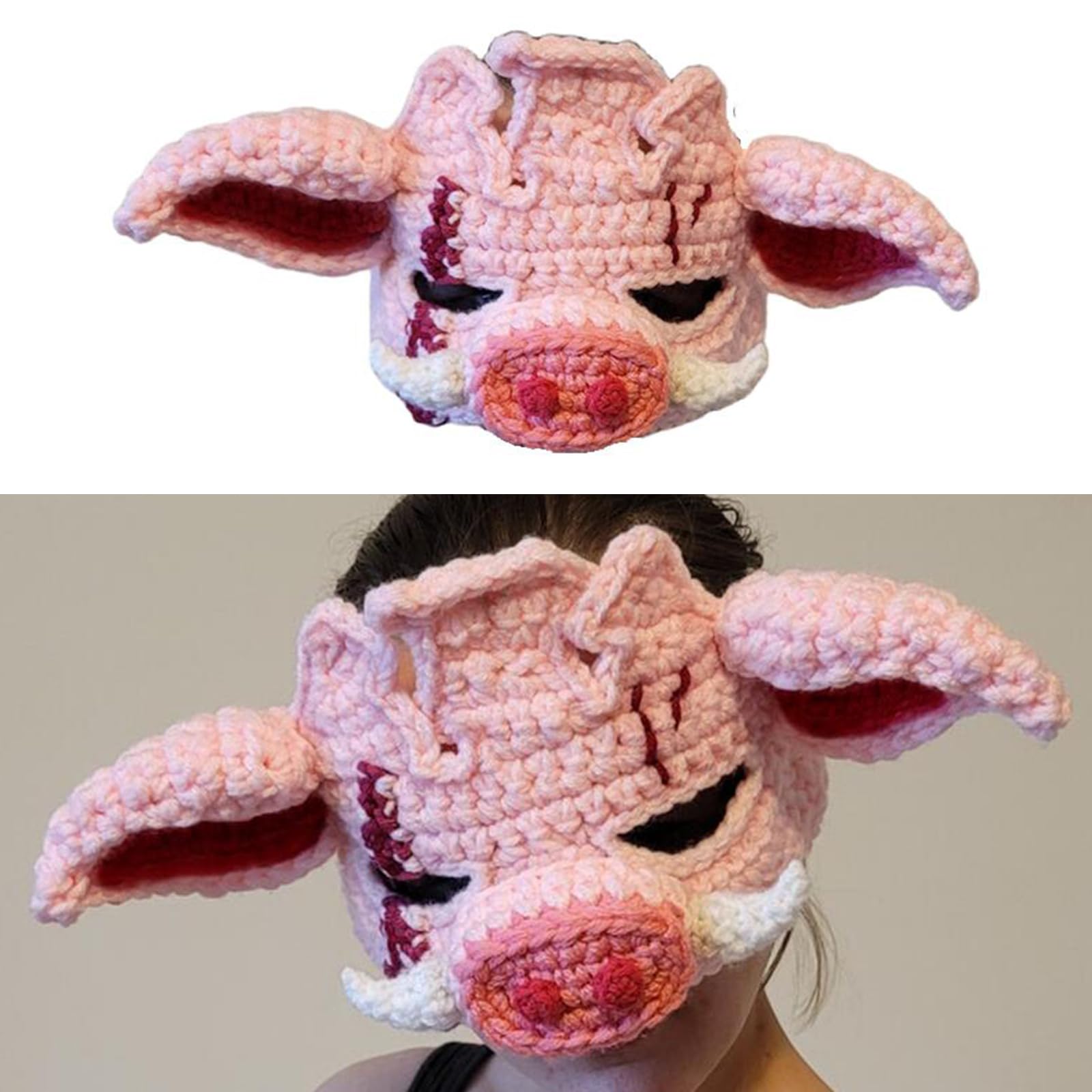 Muloo Halloween Headgear for Women Men Adult 3D Pig Head Knit Head Mask Handmade Face Mask Crochet Head Covering for Parties, As the Picture Shows