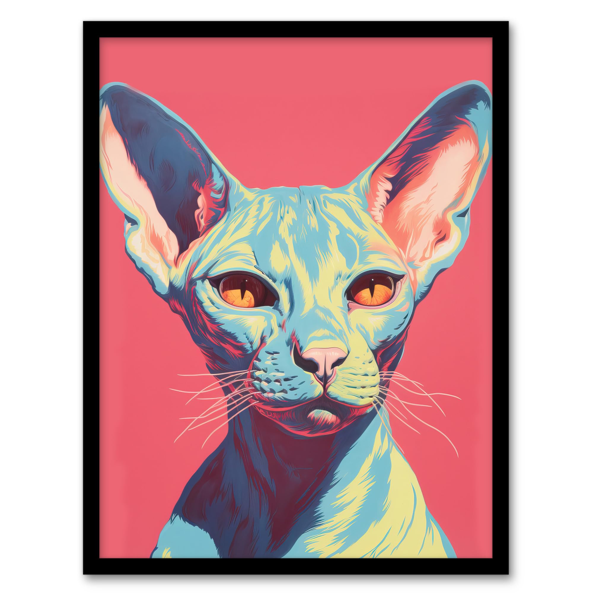 Artery8 Sphynx Cat Screen Print Pink Blue Coral Teal Risograph Artwork Spot Block Colour Duotone Retro Riso Interior Design Artwork Framed Wall Art Print A4