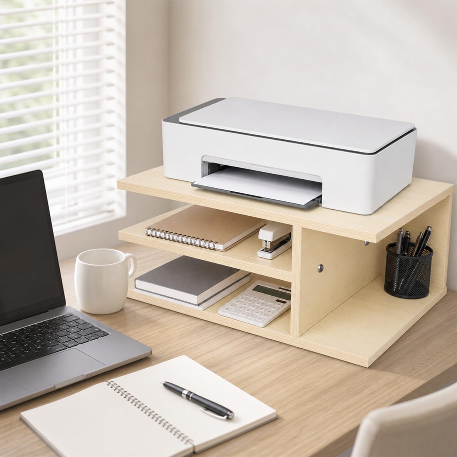 Supporto per stampante da scrivania, organizer a 3 scomparti per stampanti e forniture per ufficio, salvaspazio e stabile, per home office e piccoli spazi, 40 x 30 x 17 cm, effetto legno