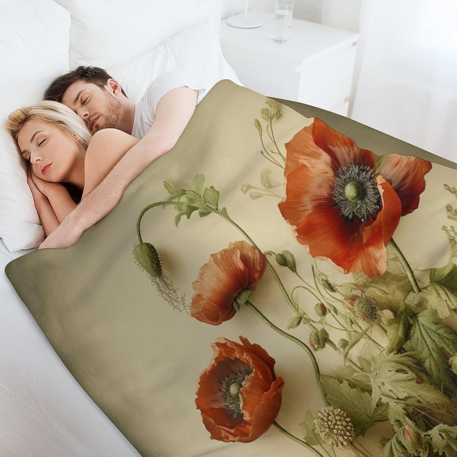 Blanket Green Flowers and Red Poppies Throw Blanket Poppy Flower Warm Cozy Lightweight Blanket for Couch Bed Sofa Gift for Valentine Mother Father Couple 50"x60"