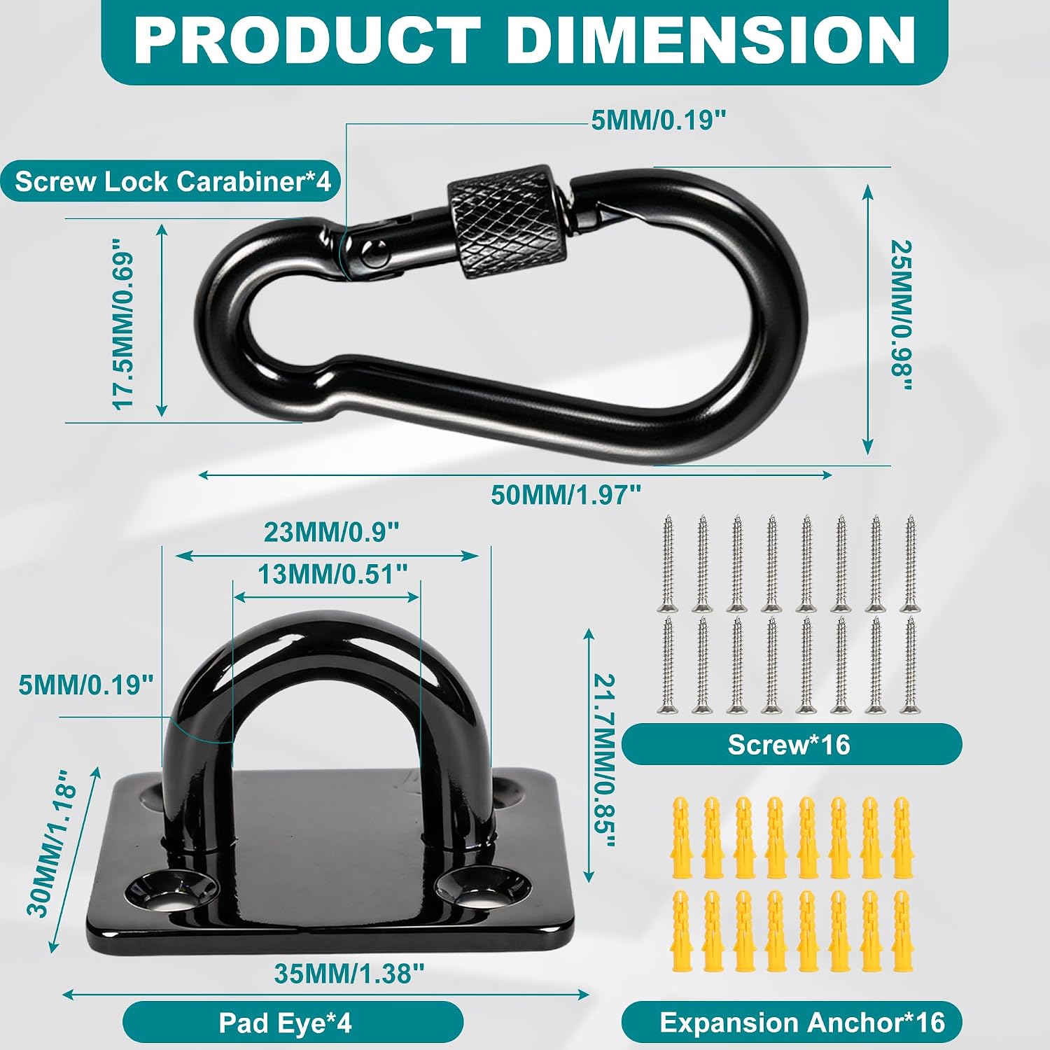 304 Stainless Steel Pad Eye Snap Hooks, 500LBS Heavy Duty Ceiling Hook, M5 | Black Hanging Kit with Locking Carabiner, Pad Plate Hooks for Hammock, Chair Swing, Plant,Sun Shade Sail, Marine Boat, Yoga
