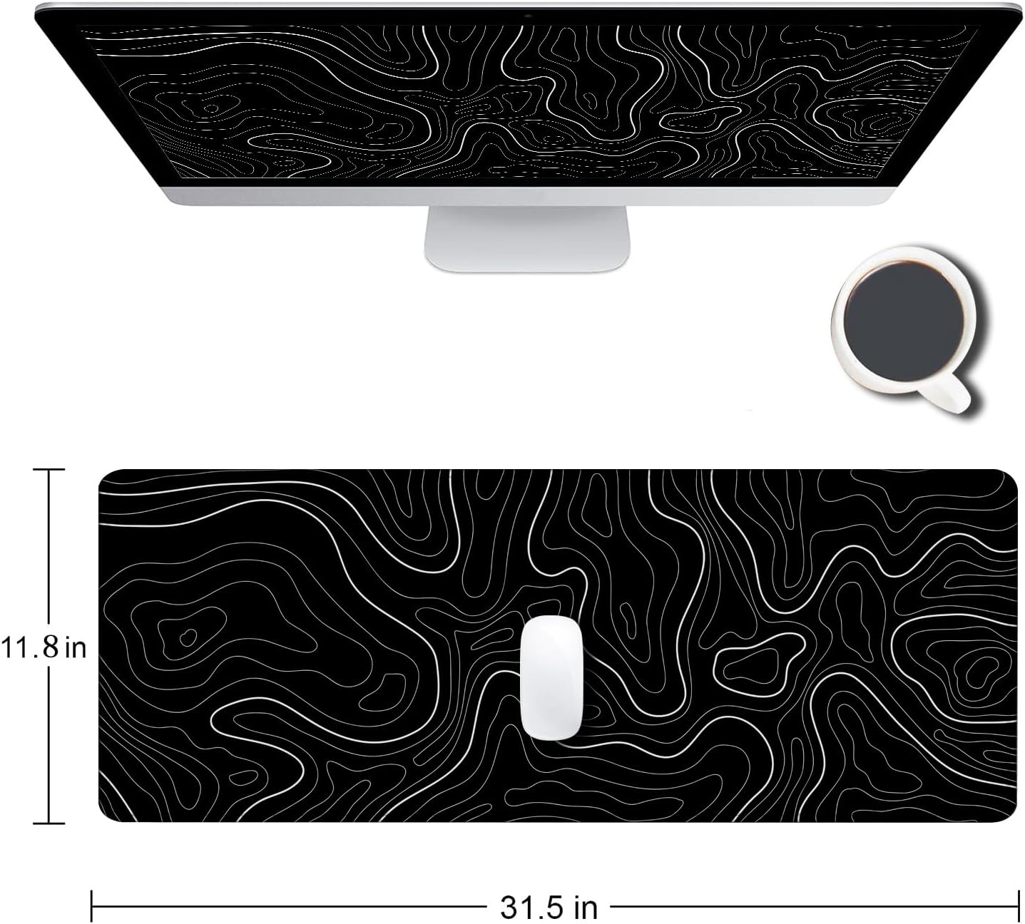 Large Mouse Pad, Extended XL Gaming Mousepad, Non-Slip Rubber Base Keyboard Mouse Mat Desk Pad for Work, Game, Office, Home, 31.5 x 11.8 in, Black Minimalist Topographic Map PL230707021 - Image 2