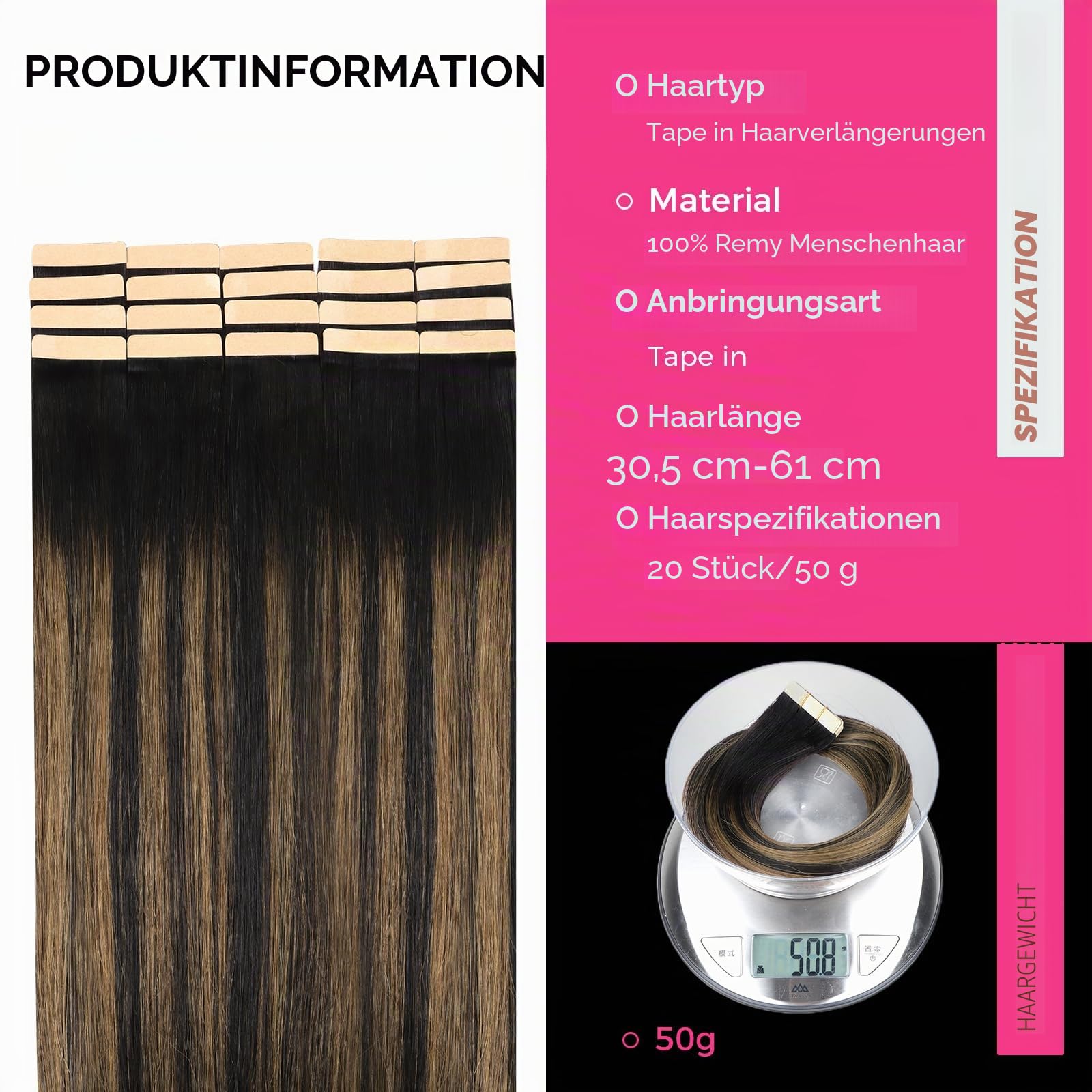 Lashey Tape Extensions Echthaar 40cm(16zoll) 20pcs 50g Glatt Echthaar Tape Extensions Balayage Natürliches Schwarz bis Hellblond Haarverlängerungen Echthaar für Frauen Invisible Tape ins